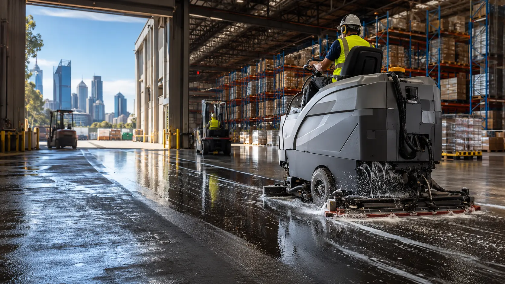 Industrial warehouse floor layout with heavy machinery backdrop