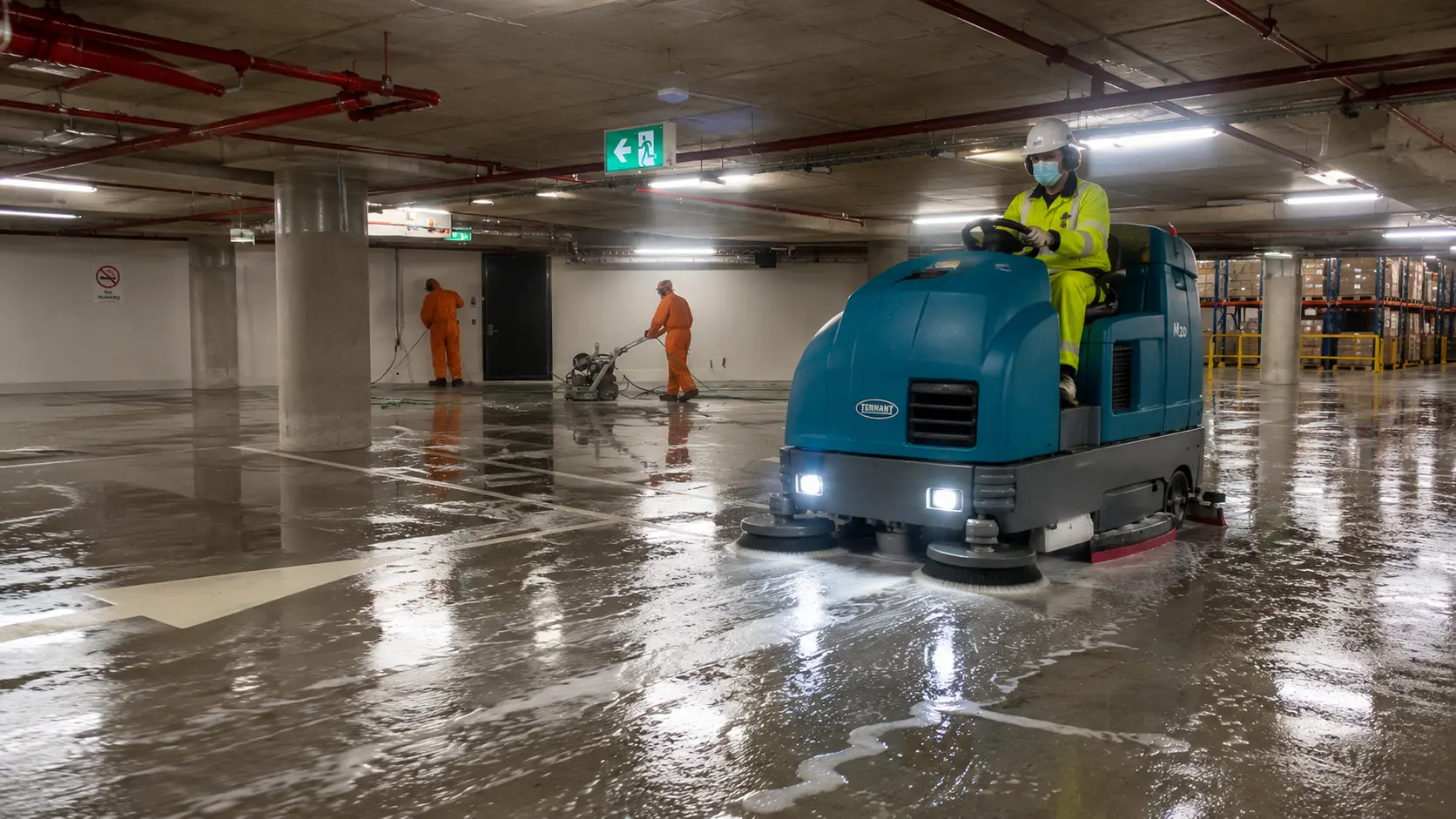 Industrial floor sweepers and scrubbers cleaning background layout