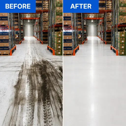 Industrial sweeping and floor scrubbing machine cleaning an expansive warehouse environment showing before and after results