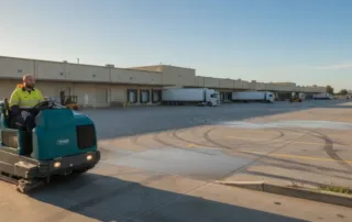 Industrial sweeping machine cleaning a warehouse and logistics facility in Perth WA, improving site presentation, removing dust and debris, and supporting industrial property maintenance.